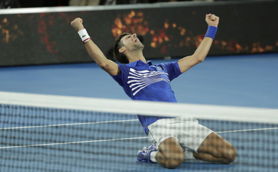 Novak Djokovic in his moment of Australian Open triumph.