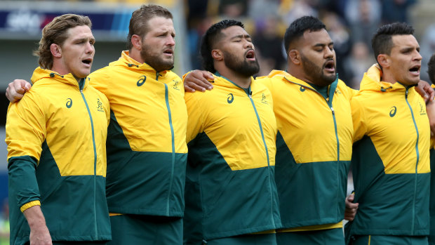 Michael Hooper of the Wallabies sings the national anthem with his team ahead of the Bledisloe Cup match on October 11, 2020 in Wellington.