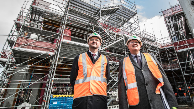 Chief Minister Andrew Barr (left) and ANU vice-chancellor Prof Brian Schmidt on site at the new Kambri precinct.