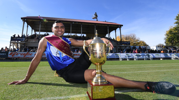 Dhruv Rodrigues-Chico after winning the 2019 Stawell Gift.
