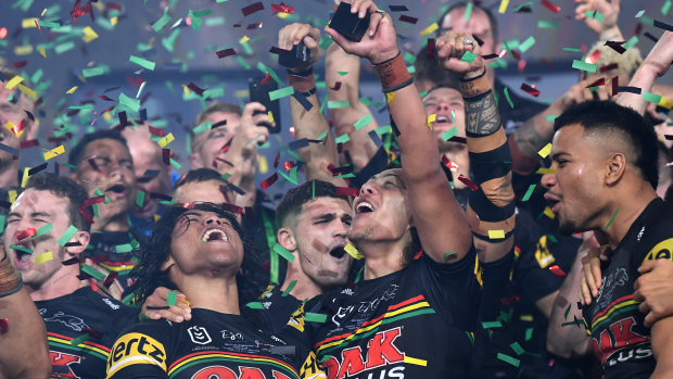 The Panthers celebrate their third premiership with victory over the Rabbitohs.