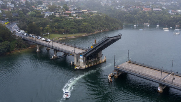 Traffic queued to exit the northern beaches as the Spit Bridge was raised on Saturday afternoon.