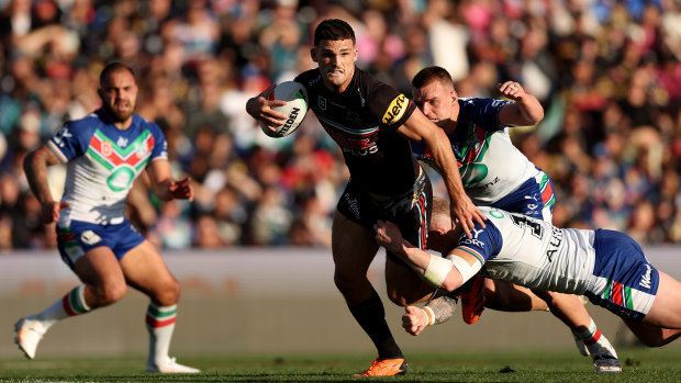 Nathan Cleary makes a line break.