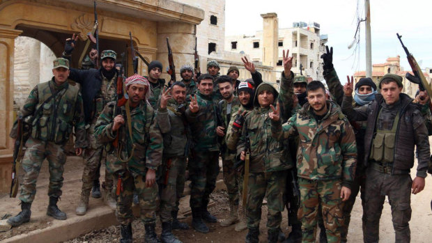Syrian troops celebrate an Aleppo province offensive. The military announced on February 16 that its troops had regained control of territories in north-western Syria "in record time", vowing to continue to chase armed groups "wherever they are".