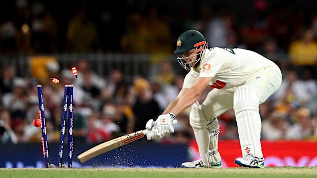 Wobble: Brydon Carse bowls Australia’s all-rounder Cameron Green in a reckless period of batting in Brisbane.