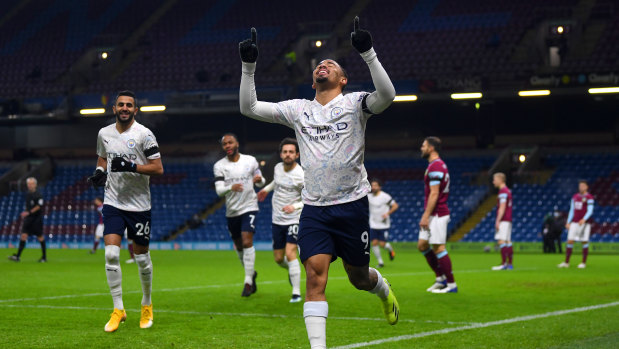 Gabriel Jesus and Manchester City celebrate a goal against Burnley on Wednesday as City made it 13 straight wins in all competitions.