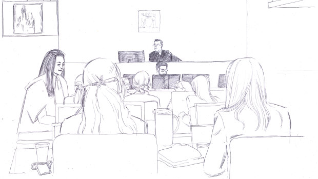 A courtroom sketch. 