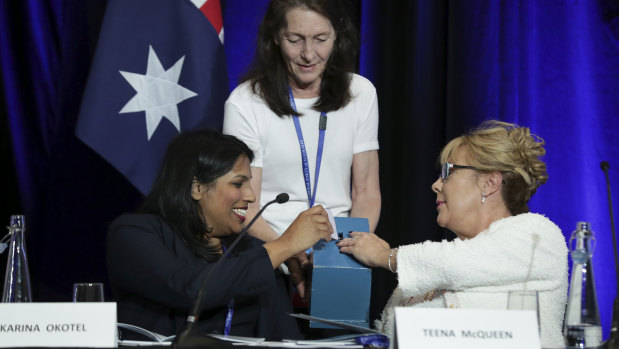 Karina Okotel and Teena McQueen cast their ballots for the vice-presidency of the Liberal Party.