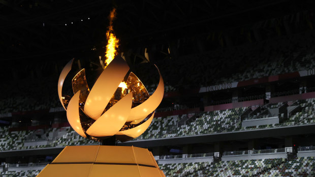 The cauldron during the closing ceremony of the Tokyo Olympics. 