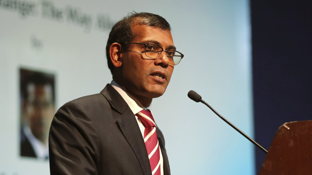 Former Maldives president Mohamed Nasheed delivers a lecture on climate change in New Delhi, India, in 2019.