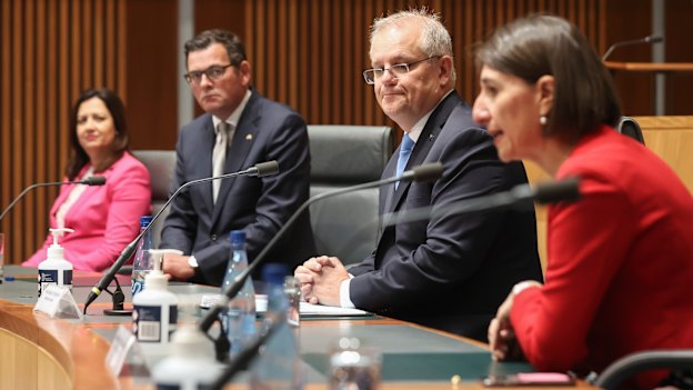 Then-premiers Annastacia Palaszczuk, Daniel Andrews and Gladys Berejiklian with then-prime Minister Scott Morrison at a national cabinet meeting in December 2020.