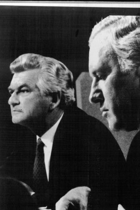 "The expected rout of Mr Peacock was not to be." P.M. Bob Hawke flanked by leader of the Liberal Party, Andrew Peacock at the debate.