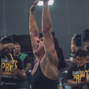 Camilla Fogagnolo celebrates after winning the 2019 Arnold Sports Festival Strongwoman Championship. 