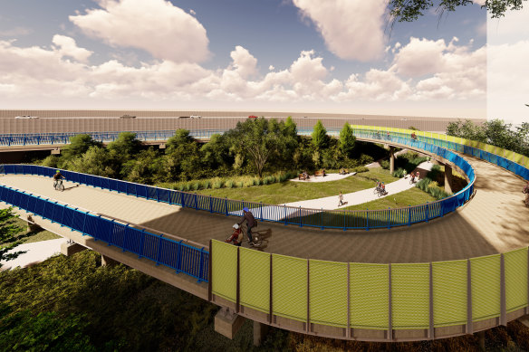 Artist impression of a new bicycle bridge proposed for Woolloongabba. 
