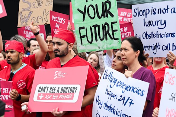 Doctors strike for better pay and conditions at Westmead Hospital.