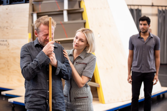 Richard Roxburgh with Claude Scott-Mitchell and Shiv Palekar during rehearsals for STC’s The Tempest.  