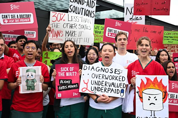 Doctors strike for more pay and better conditions at Westmead Hospital.