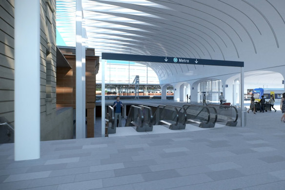 An artist’s impression of the escalators leading down to the metro line platforms.