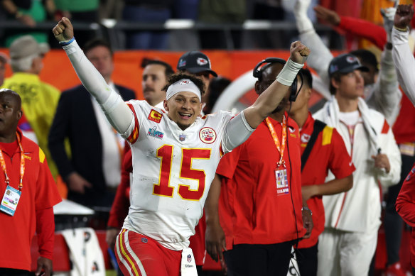 Patrick Mahomes celebrates victory at the Super Bowl in Arizona.