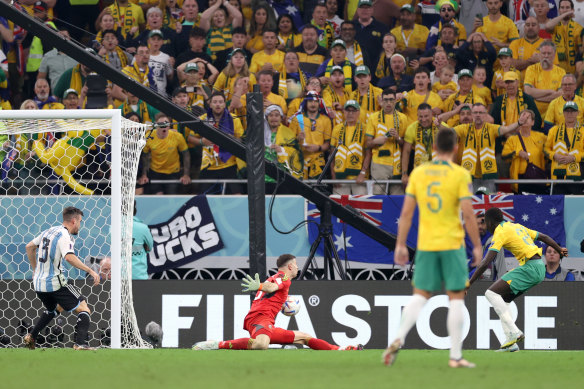 Emiliano Martinez saves Garang Kuol’s shot in the dying seconds.