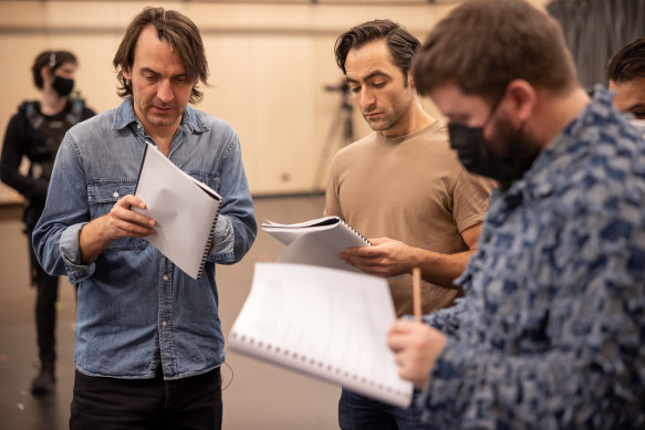 Kip Williams (right) during rehearsals with Leslie and Backer. “Terrifying”, is how Leslie describes it.  