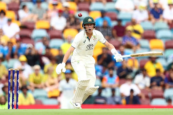 Marnus Labuschagne on the famous wicket at November’s Gabba Test against India.