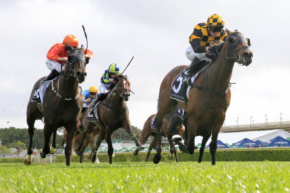 Probabeel salutes in the group 1 Epsom Handicap with Kerrin McEvoy on board.