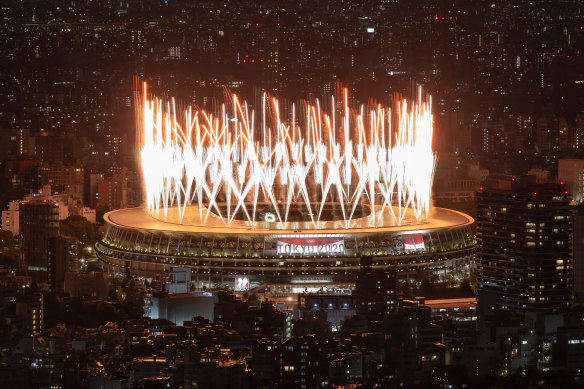 Fireworks light up the sky at the Tokyo 2020 opening ceremony. 