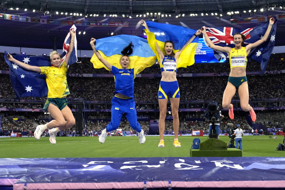 The four women’s high jump medallists (from left): Eleanor Patterson, Iryna Gerashchenko, Yaroslava Mahuchikh and Nicola Olyslagers.