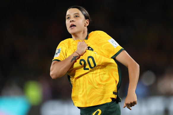 Sam Kerr celebrates after her stunner against England.