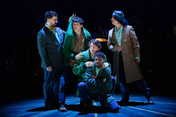 Ryan Gonzalez, Otis Dhanji, Morgan Francis, Benjin Maza and Paul Capsis, who also plays a singing clam, in Peter and the Starcatcher.  