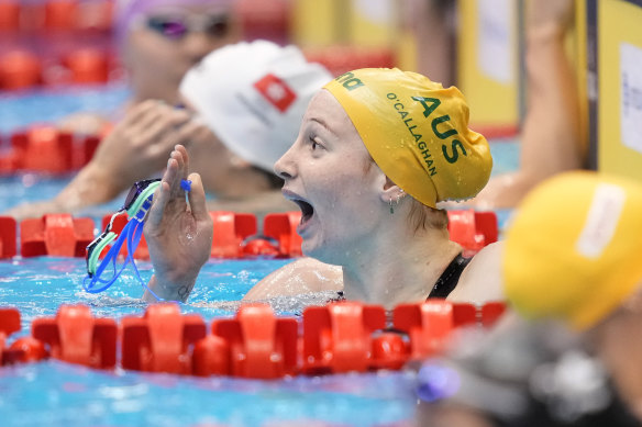 Mollie O’Callaghan of Australia reacts after winning the women’s 200m freestyle final. 