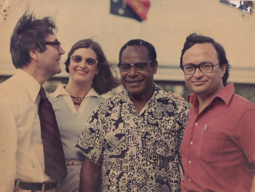 Graham Freudenberg, Patti Warne, Sir Maori Kiki (deputy Prime Minister PNG) and John Mant (right), 1975.