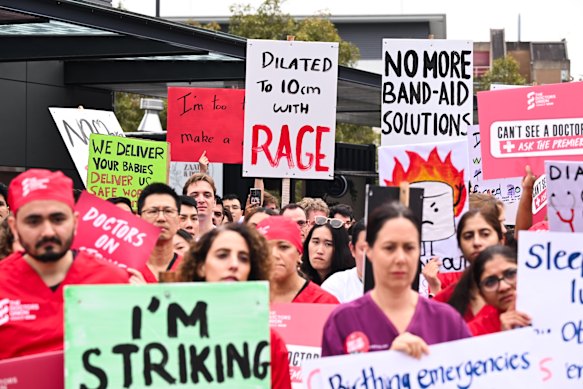 Doctors strike for more pay and better conditions at Westmead Hospital on Tuesday.
