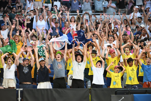 All about the fans: spectators cheer for Aussie Thanasi Kokkinakis on day three.