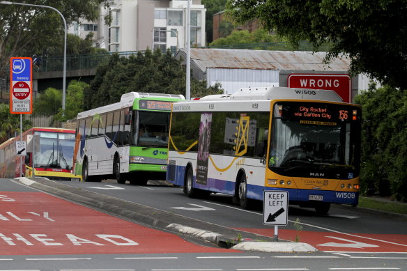 Buses on the Eastern Busway at Woolloongabba.