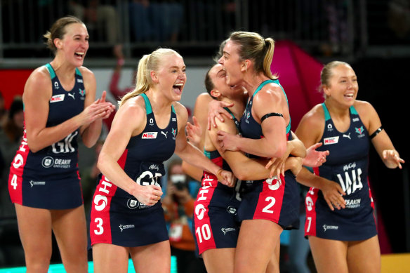 Melbourne Vixens players celebrate their thrilling one-point win over the Giants in last weekend’s preliminary final.