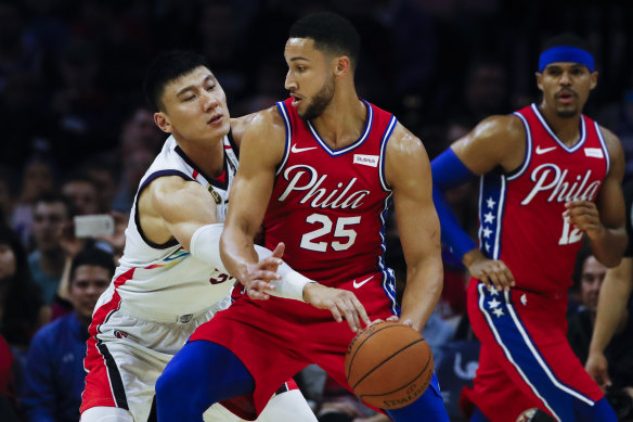 Ben Simmons drives to the net against Guangzhou, but it was his three-pointer that was all the talk.