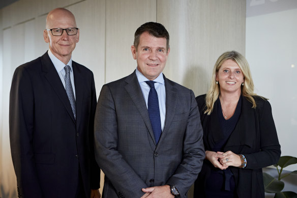Incoming Future Generation Australia chair Mike Baird (centre), with Geoff Wilson and CEO Caroline Gurney.