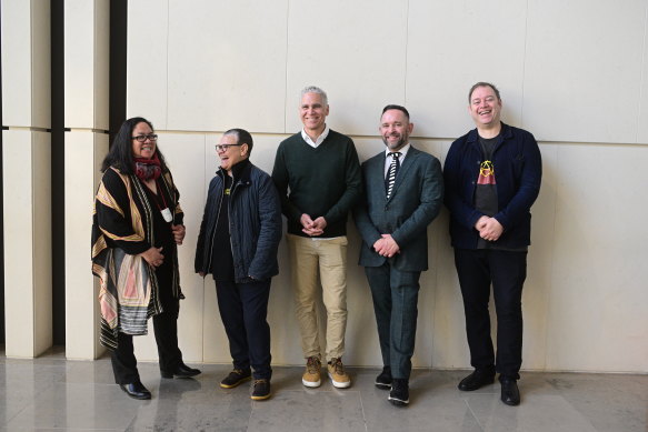 (left to right) Curator Tina Baum with artists r e a, Christopher Pease, Bruce Johnson McLean, National Gallery Assistant Director, First Nations Engagement and Nathan Pōhio, Senior Curator, Māori Art, Auckland Art Gallery at the opening of Ever Present: First Peoples Art of Australia at Auckland Art Gallery Toi o Tāmaki, 2023.