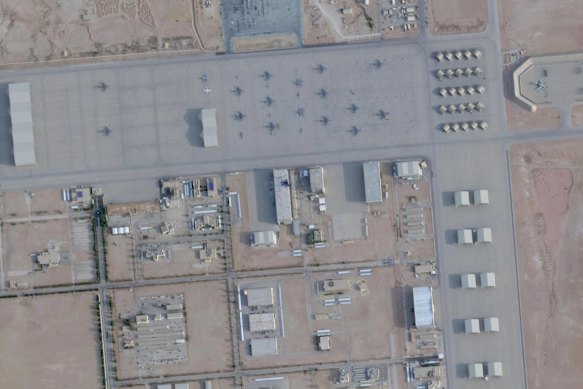 A March 16, 2026, satellite image from Planet Labs PBC shows damage after an Iranian attack on Prince Sultan Air Base, Saudi Arabia.