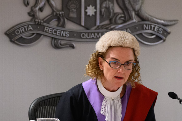 Judge Sarah Huggett delivers her verdict in Chris Dawson’s judge-alone trial on Wednesday.