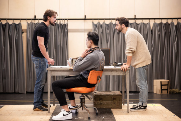 Ben O’Toole (left) with Matthew Backer (right) and Alan Zhu during rehearsals for On the Beach. 