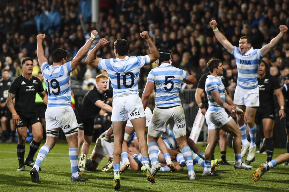Argentina celebrate their Rugby Championship victory over New Zealand.