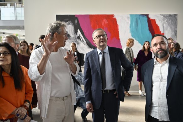 PM Anthony Albanese at the opening of the Gabori exhibition in Paris earlier this month.