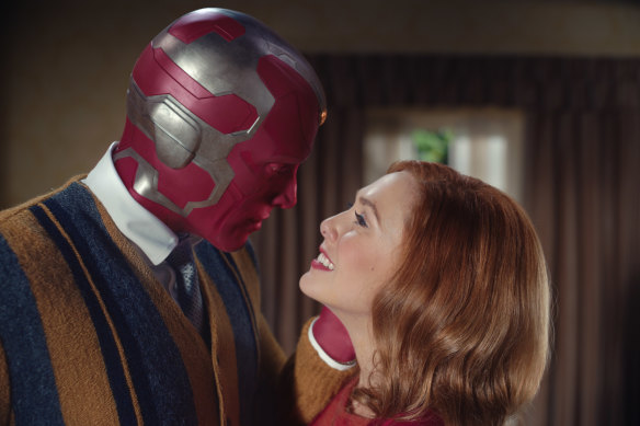 (Left) Paul Bettany as Vision and Elizabeth Olsen as Wanda Maximoff in Marvel Studios’ WandaVision.