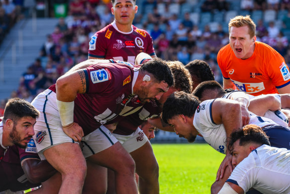 Queensland Reds pack a scrum against Wild Knights.