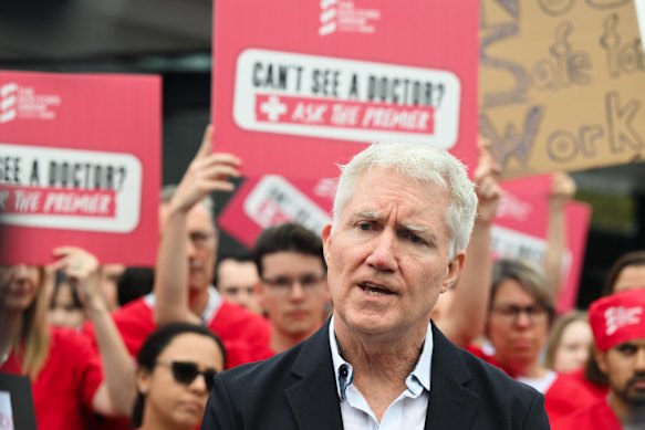 Dr Mark Priestley addresses the crowds at the doctors’ strike at Westmead Hospital on Tuesday.