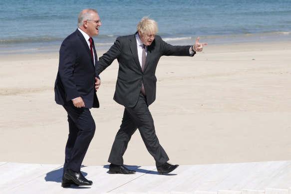 Prime Minister Scott Morrison meets Prime Minister Boris Johnson at the G7 summit in Britain.