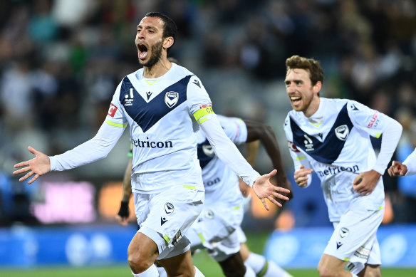 Miranda celebrates scoring a goal during the A-League match on Saturday night.